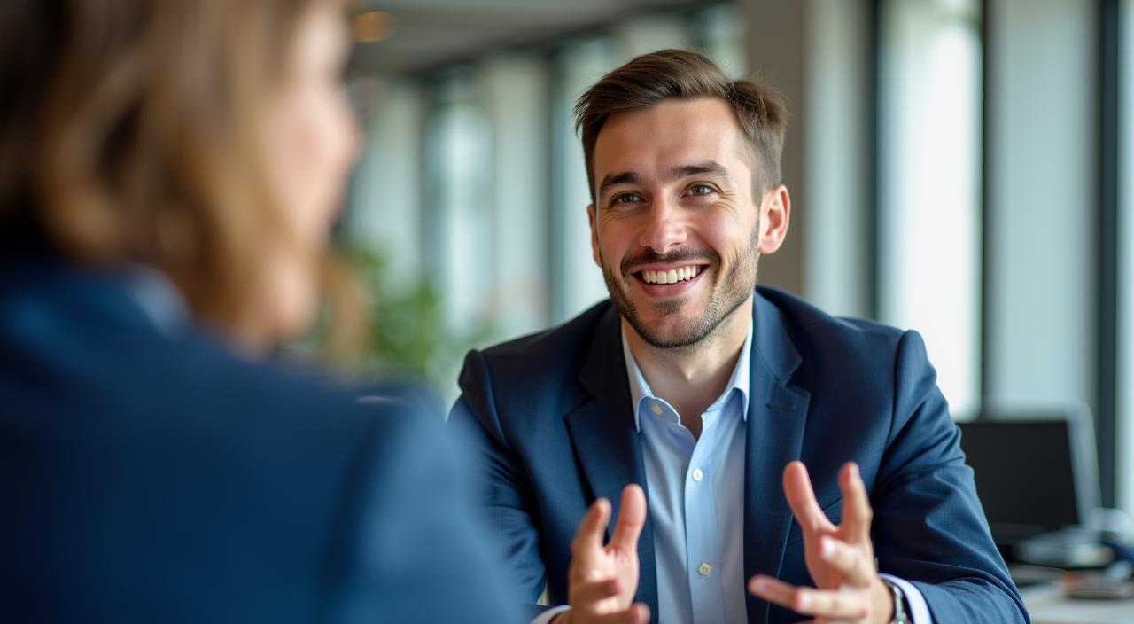 Professionista fiducioso durante un colloquio di lavoro in un ufficio moderno